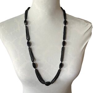 Vintage Black Beaded Statement Necklace – Multi-Strand with Oval Accents